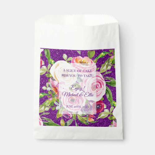 Watercolor Roses in Pink and Cream Purple Glitter Favor Bag