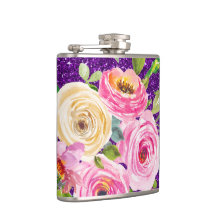 Watercolor Roses in Pink and Cream Purple Glitter