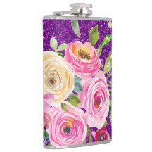 Watercolor Roses in Pink and Cream Purple Glitter