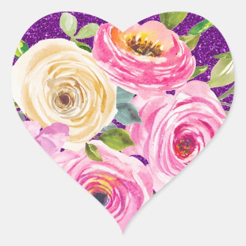 Watercolor Roses in Pink and Cream Purple Glitter Heart Sticker
