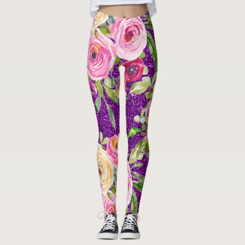 Watercolor Roses in Pink and Cream Purple Glitter Leggings