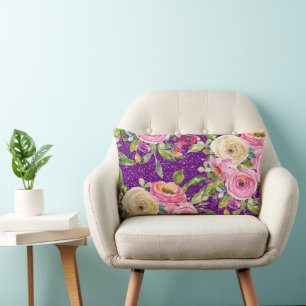 Watercolor Roses in Pink and Cream Purple Glitter Lumbar Pillow