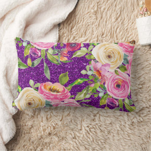Watercolor Roses in Pink and Cream Purple Glitter Lumbar Pillow