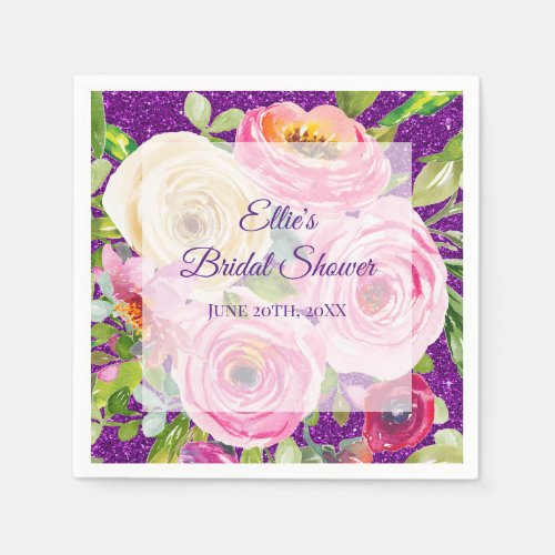 Watercolor Roses in Pink and Cream Purple Glitter Napkins