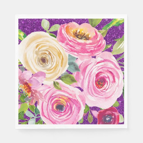 Watercolor Roses in Pink and Cream Purple Glitter Napkins