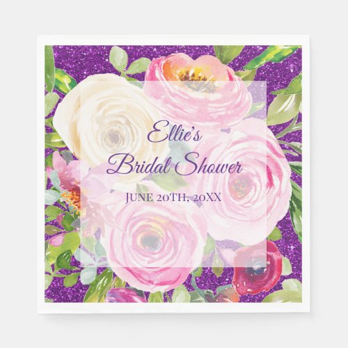 Watercolor Roses in Pink and Cream Purple Glitter Napkins