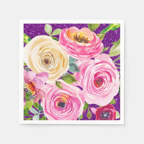 Watercolor Roses in Pink and Cream Purple Glitter Napkins