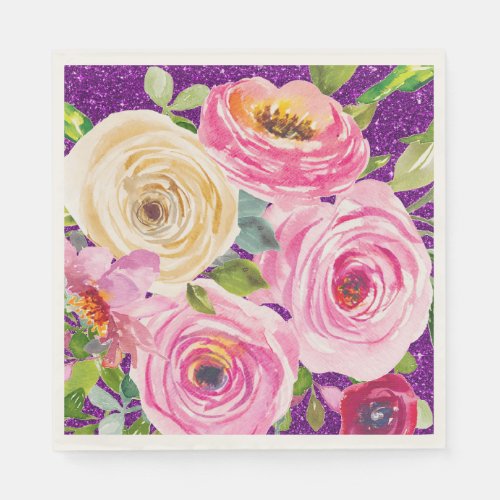 Watercolor Roses in Pink and Cream Purple Glitter Napkins