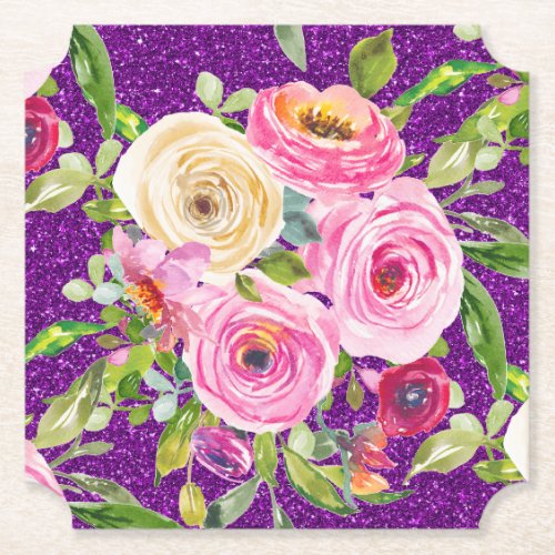 Watercolor Roses in Pink and Cream Purple Glitter Paper Coaster