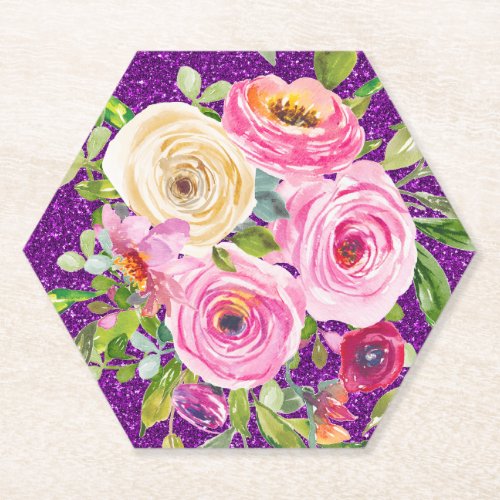 Watercolor Roses in Pink and Cream Purple Glitter Paper Coaster