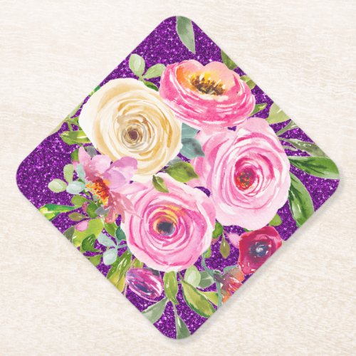 Watercolor Roses in Pink and Cream Purple Glitter Paper Coaster