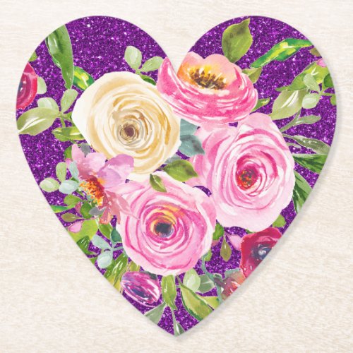 Watercolor Roses in Pink and Cream Purple Glitter Paper Coaster