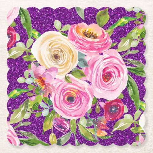 Watercolor Roses in Pink and Cream Purple Glitter Paper Coaster