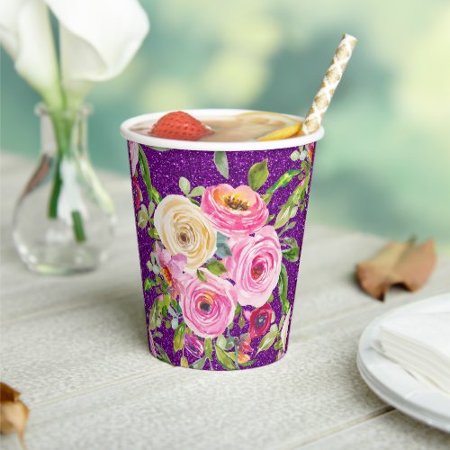 Watercolor Roses in Pink and Cream Purple Glitter Paper Cups