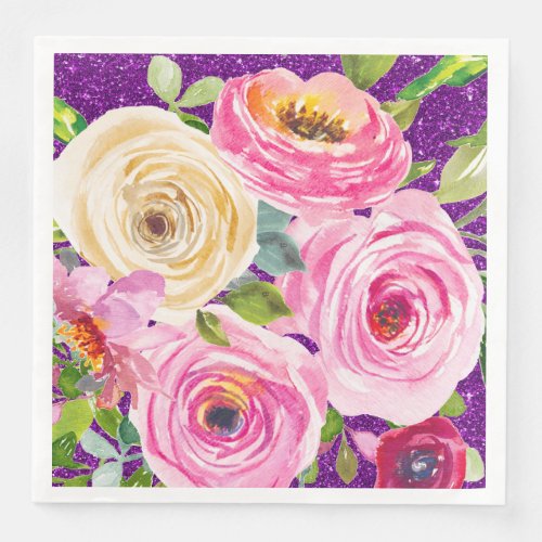 Watercolor Roses in Pink and Cream Purple Glitter Paper Dinner Napkins