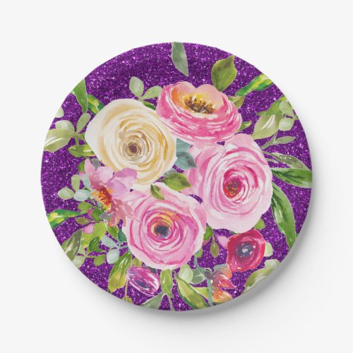 Watercolor Roses in Pink and Cream Purple Glitter Paper Plates