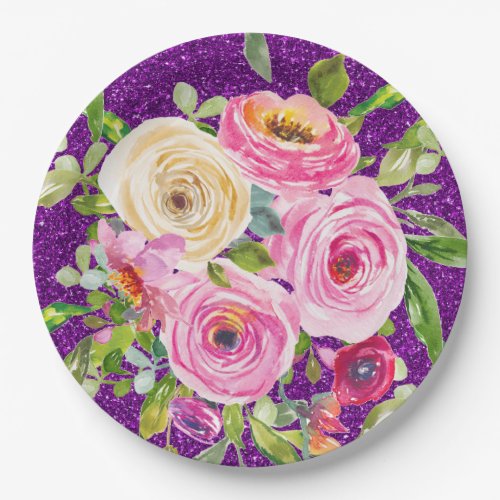 Watercolor Roses in Pink and Cream Purple Glitter Paper Plates