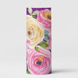 Watercolor Roses in Pink and Cream Purple Glitter Pillar Candle