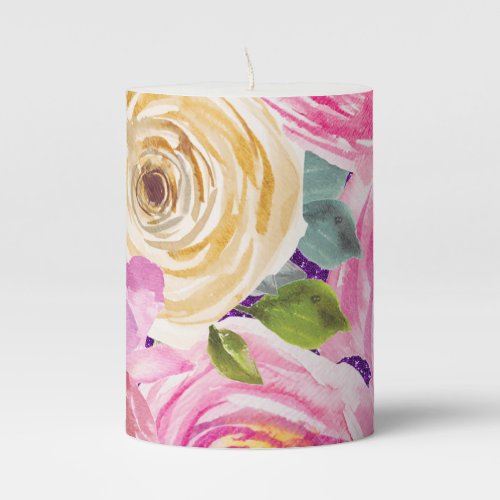 Watercolor Roses in Pink and Cream Purple Glitter Pillar Candle