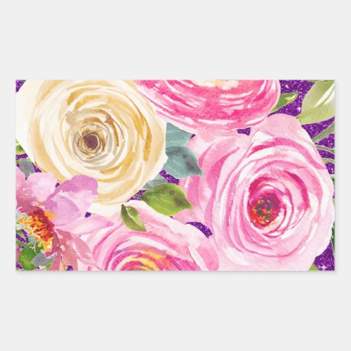 Watercolor Roses in Pink and Cream Purple Glitter Rectangular Sticker