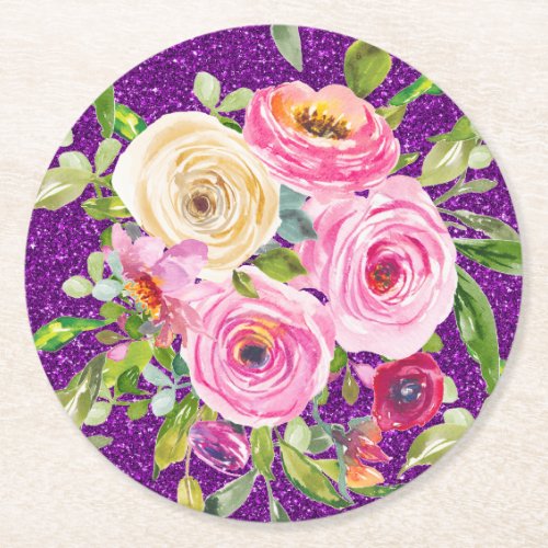 Watercolor Roses in Pink and Cream Purple Glitter Round Paper Coaster