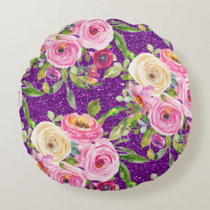 Watercolor Roses in Pink and Cream Purple Glitter Round Pillow