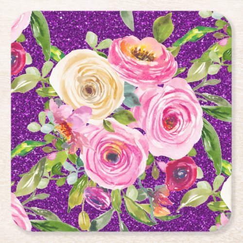 Watercolor Roses in Pink and Cream Purple Glitter Square Paper Coaster