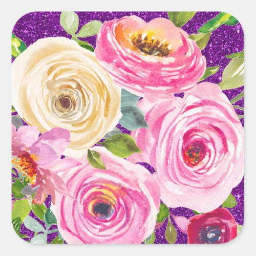 Watercolor Roses in Pink and Cream Purple Glitter Square Sticker