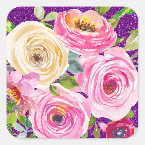 Watercolor Roses in Pink and Cream Purple Glitter Square Sticker