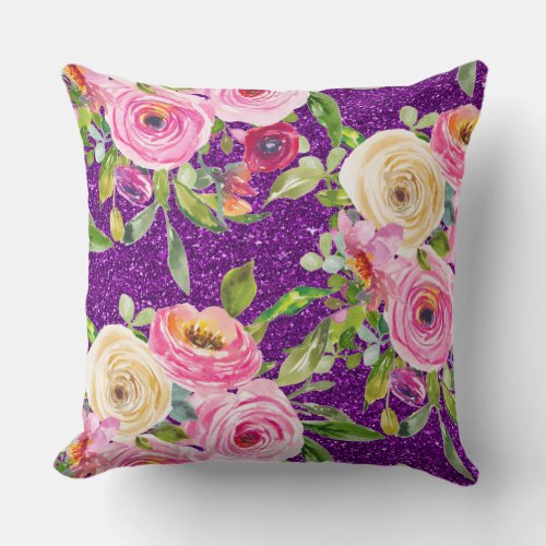 Watercolor Roses in Pink and Cream Purple Glitter Throw Pillow