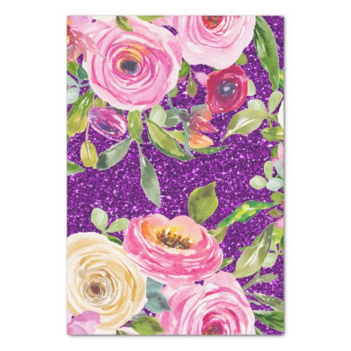 Watercolor Roses in Pink and Cream Purple Glitter Tissue Paper