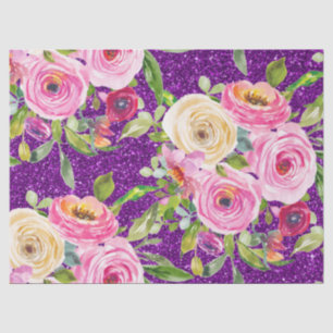 Watercolor Roses in Pink and Cream Purple Glitter Tissue Paper