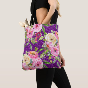 Watercolor Roses in Pink and Cream Purple Glitter Tote Bag