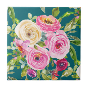 Watercolor Roses in Pink and Red on Teal Ceramic Tile