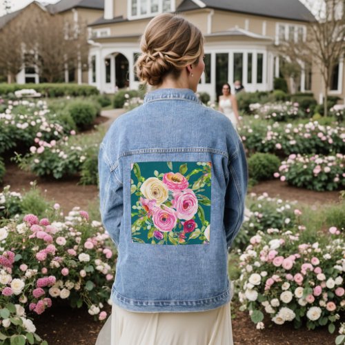 Watercolor Roses in Pink and Red on Teal Denim Jacket