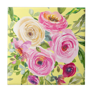 Watercolor Roses in Pink and Red on Yellow Ceramic Tile