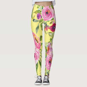 Watercolor Roses in Pink and Red on Yellow Leggings