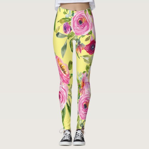 Watercolor Roses in Pink and Red on Yellow Leggings