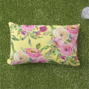 Watercolor Roses in Pink and Red on Yellow Lumbar Pillow