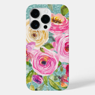 Watercolor Roses in Pink Cream Aqua Glitter   Case-Mate iPhone 14 Pro Case