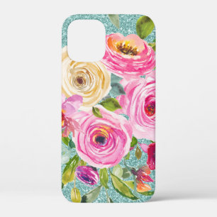 Watercolor Roses in Pink Cream Aqua Glitter iPhone 12 Mini Case