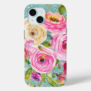 Watercolor Roses in Pink Cream Aqua Glitter iPhone 15 Case