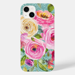 Watercolor Roses in Pink Cream Aqua Glitter  Case-Mate iPhone 14 Plus Case