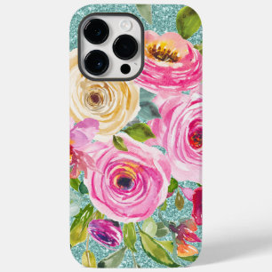 Watercolor Roses in Pink Cream Aqua Glitter  Case-Mate iPhone 14 Pro Max Case