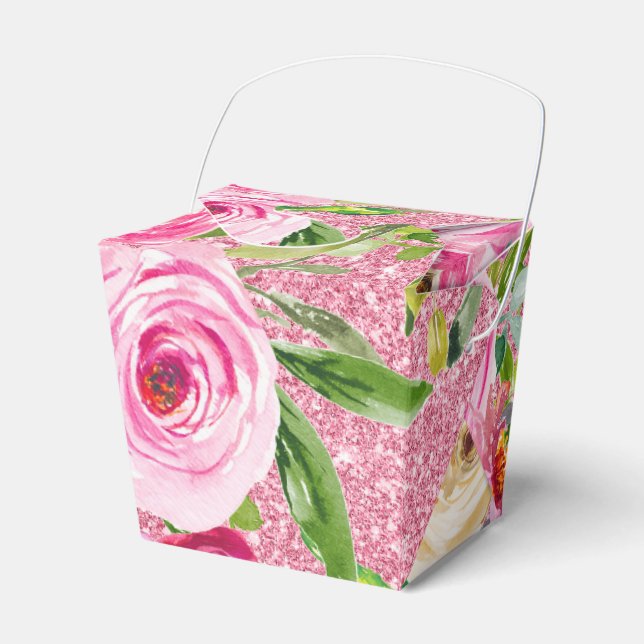 Watercolor Roses in Pink Glitter Personalized Favor Boxes (Front Side)