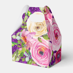 Watercolor Roses in Pink on Purple Favor Boxes