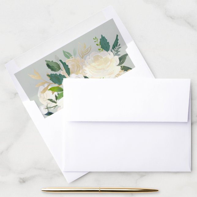 Watercolor Roses in White and Sage Envelope Liner (Desk)