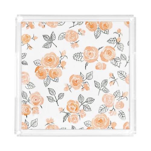 Watercolor Roses Ink White Background Acrylic Tray
