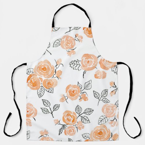 Watercolor Roses Ink White Background Apron