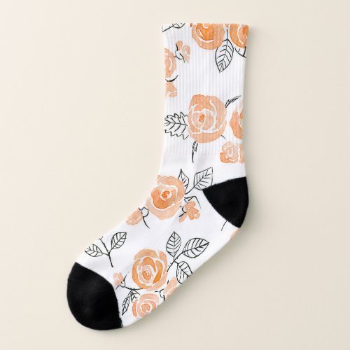 Watercolor Roses Ink White Background Socks